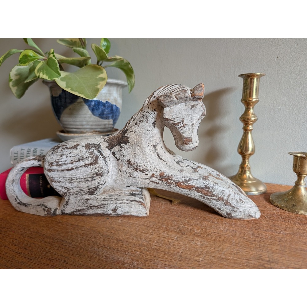 Vintage Hand Carved Wooden Horse Figurine Distressed White Wash Paint 12.5"